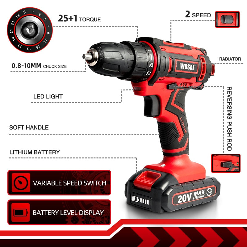 WOSAI Cordless Drill Electric Screwdriver