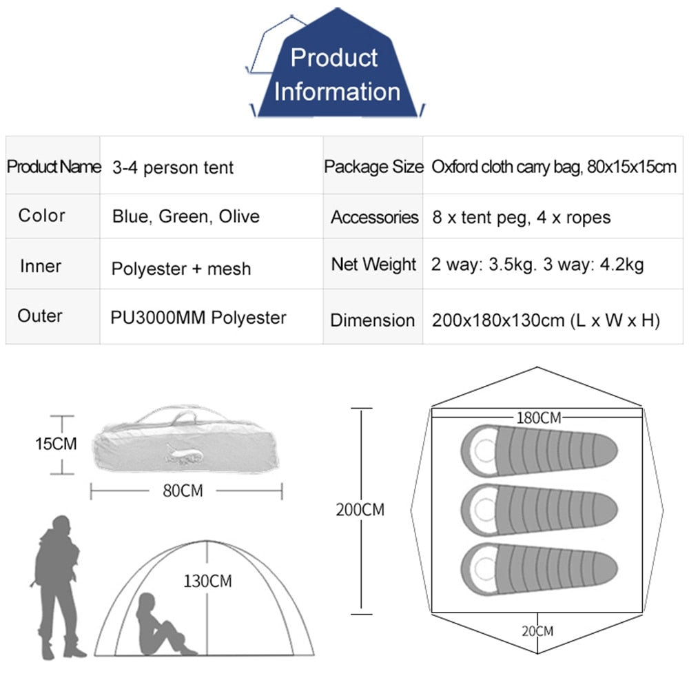 3-4 Person Camping Tent  easy to read in search engine