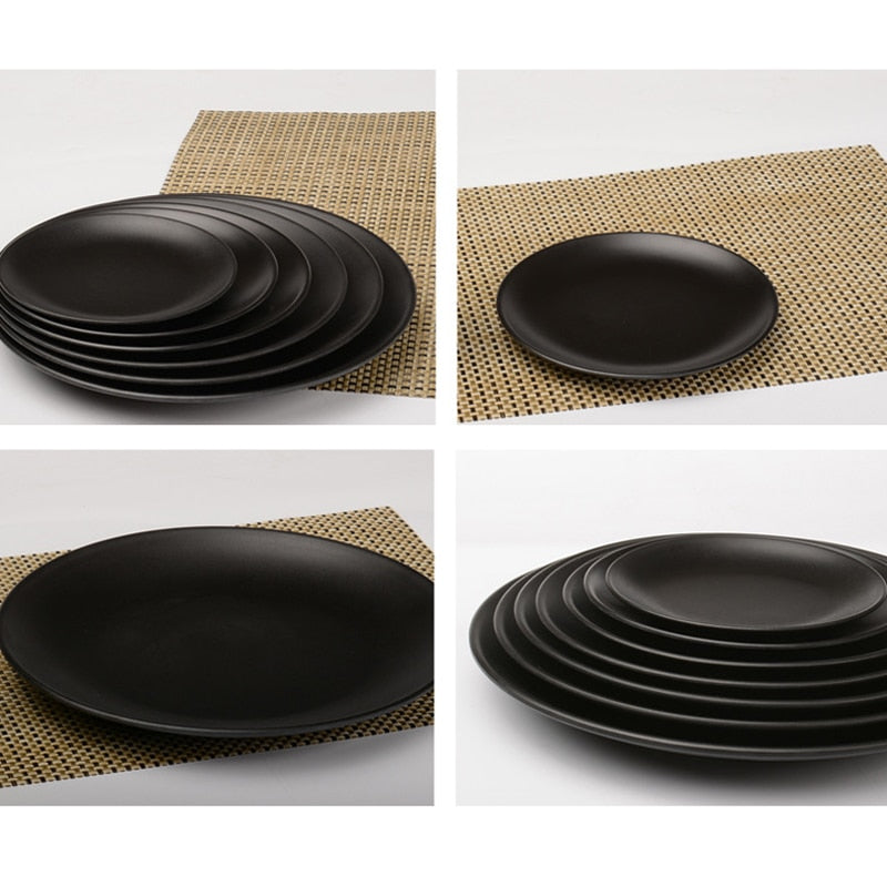 Black Melamine Round Tray Dinner Plate Dishes