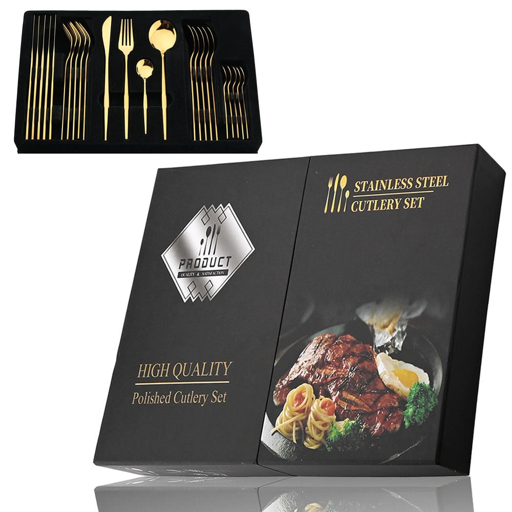 24Pcs Black Handle Golden Cutlery Set