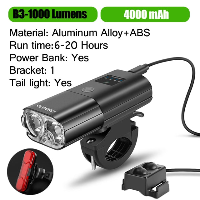 1000Lumen 4000mAh Bike Headlight Power Bank
