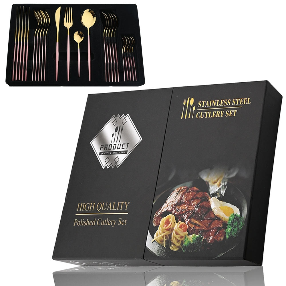 24Pcs Black Handle Golden Cutlery Set