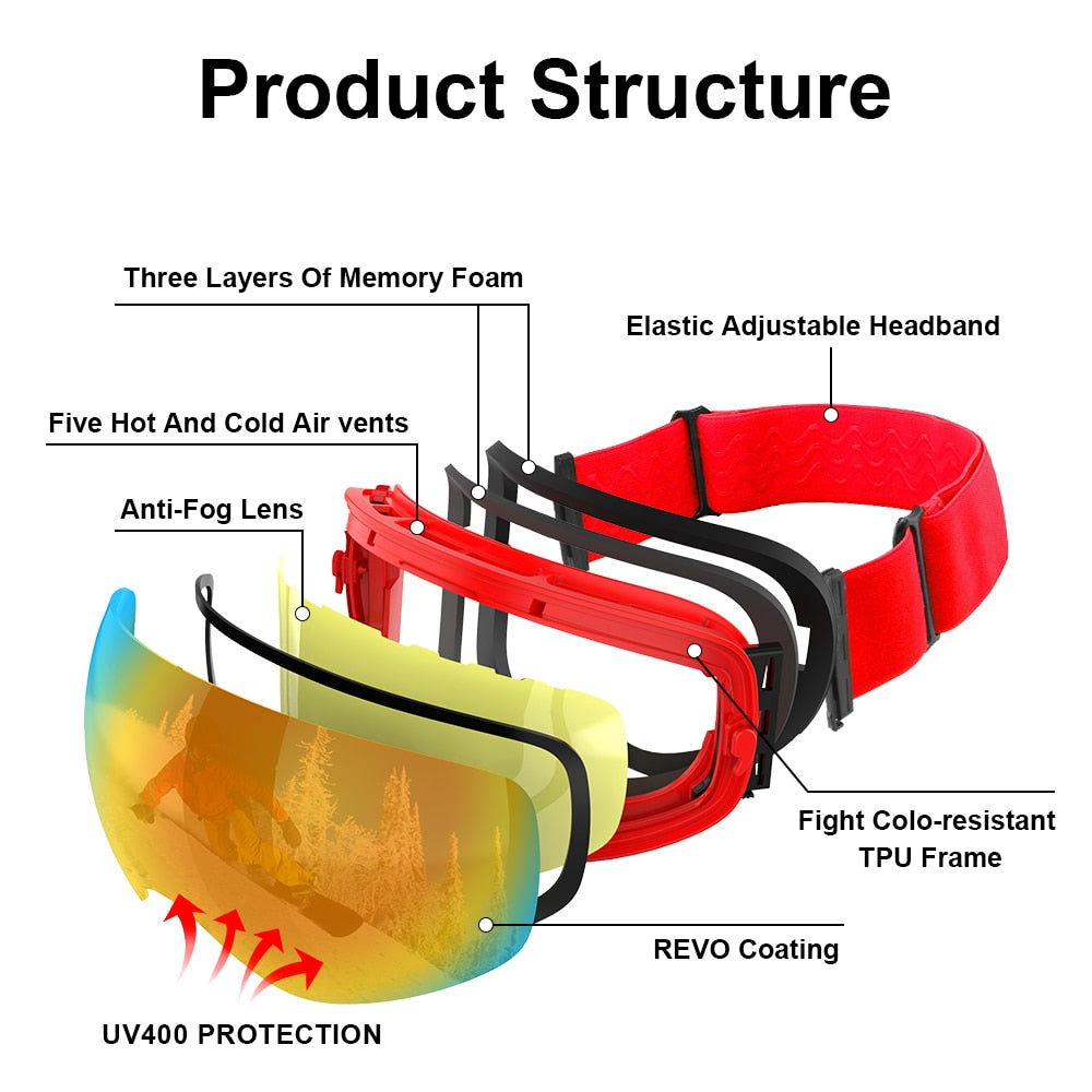 UV400 Anti-Fog Skiing Goggles