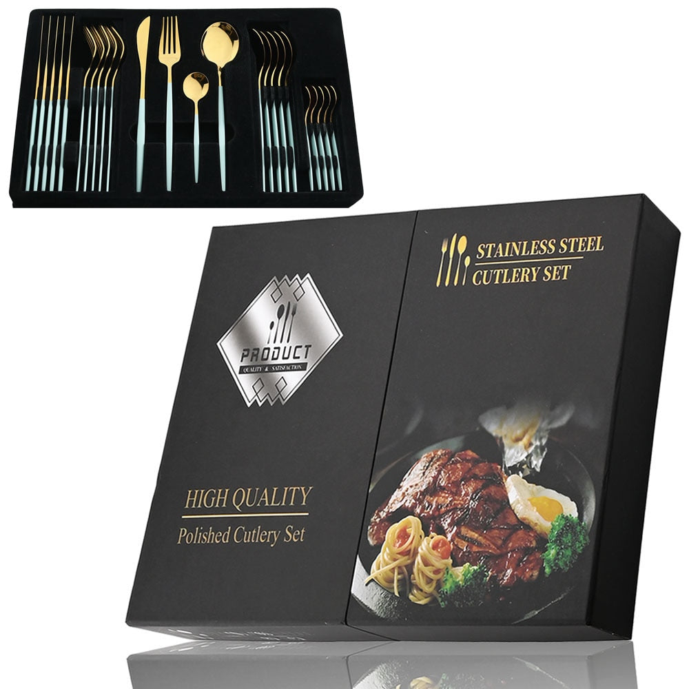 24Pcs Black Handle Golden Cutlery Set