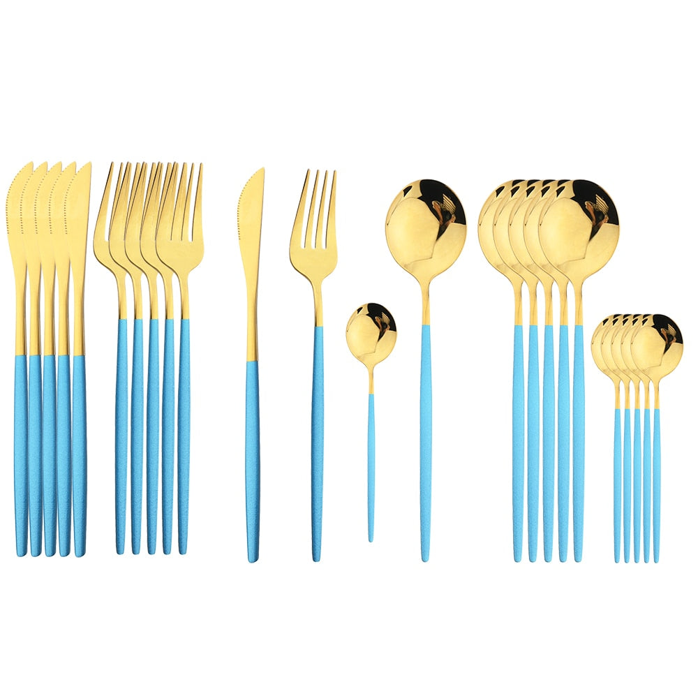 24Pcs Black Handle Golden Cutlery Set