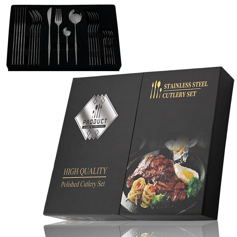 24Pcs Black Handle Golden Cutlery Set