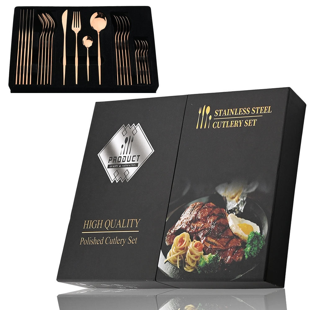24Pcs Black Handle Golden Cutlery Set