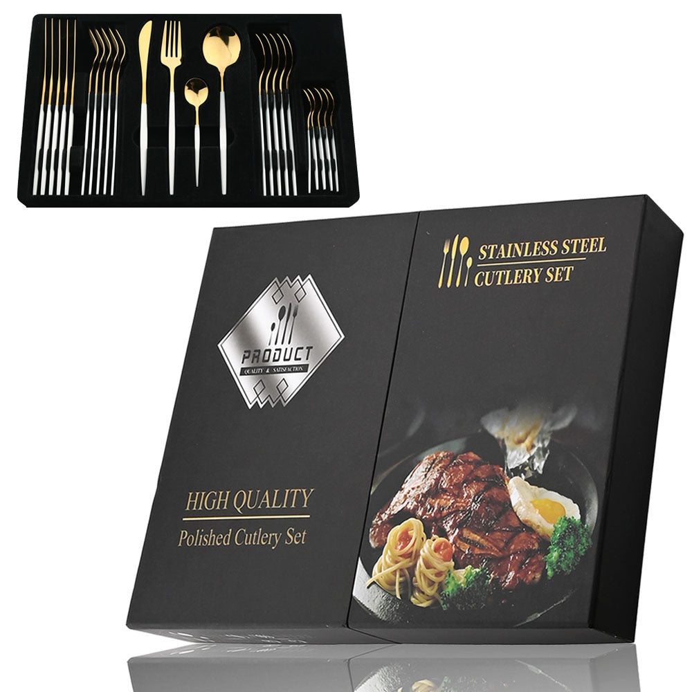 24Pcs Black Handle Golden Cutlery Set