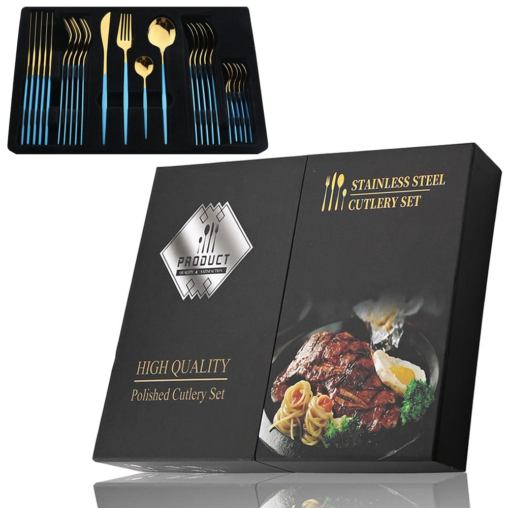 24Pcs Black Handle Golden Cutlery Set