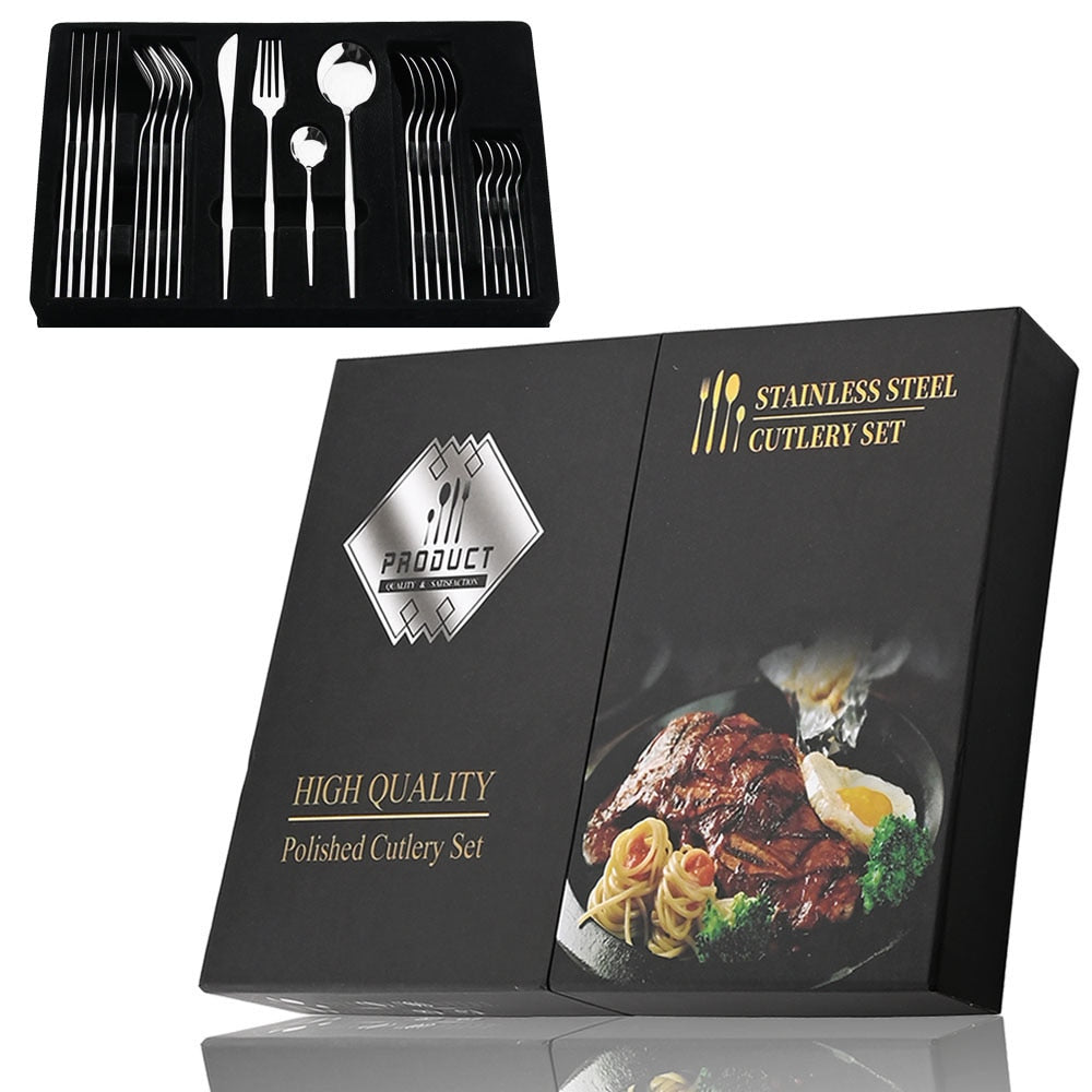 24Pcs Black Handle Golden Cutlery Set