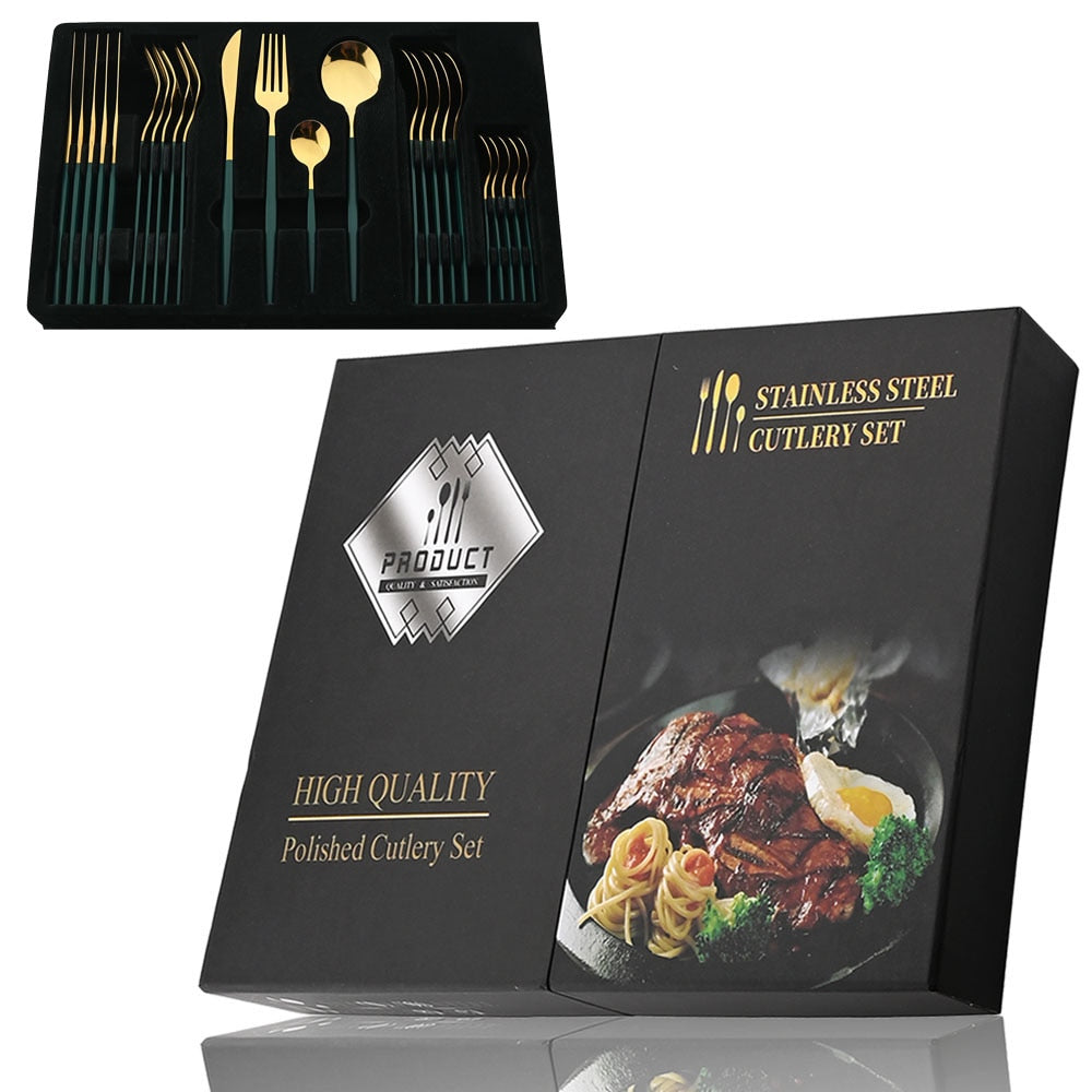 24Pcs Black Handle Golden Cutlery Set