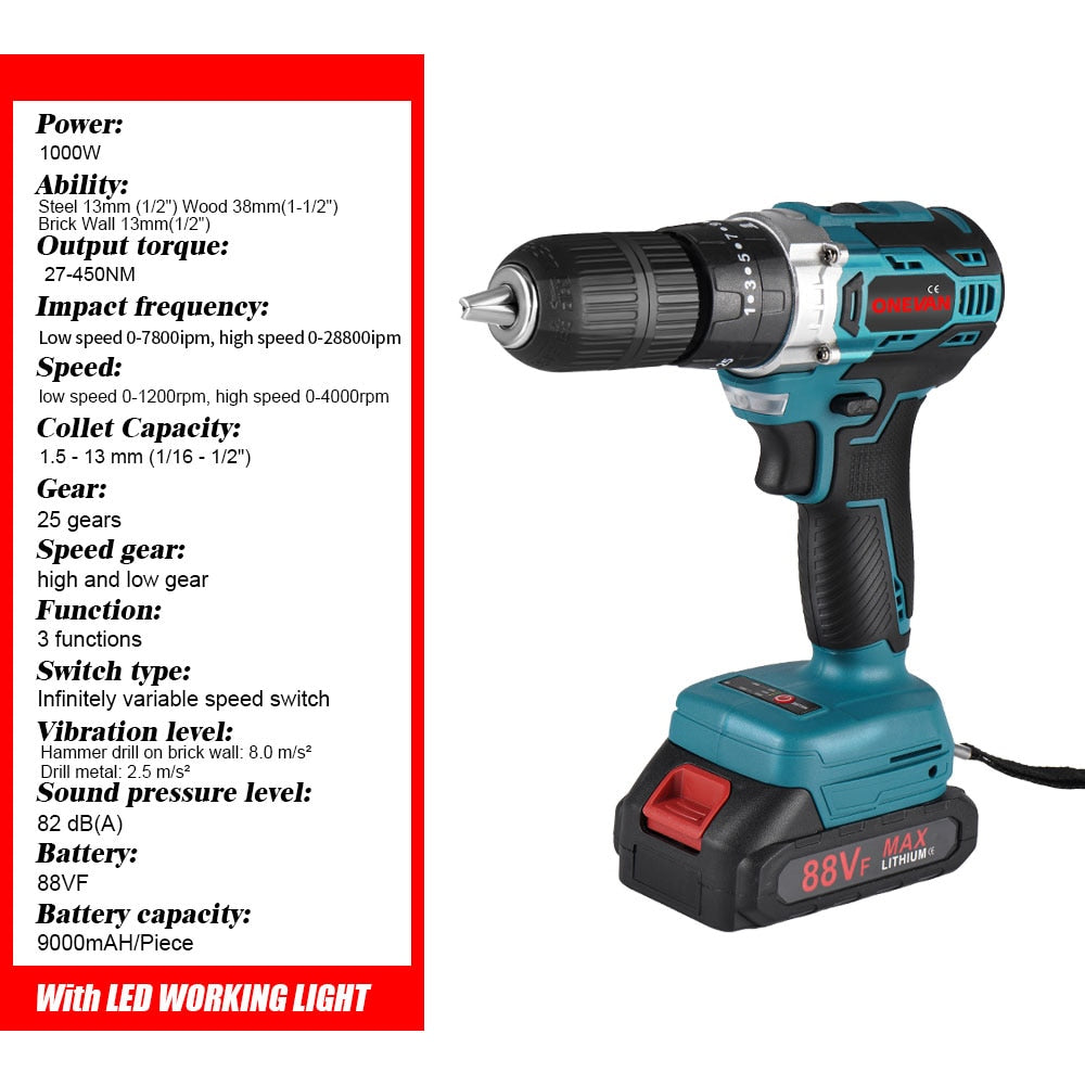 1000W 450NM Brushless Electric Impact Drill