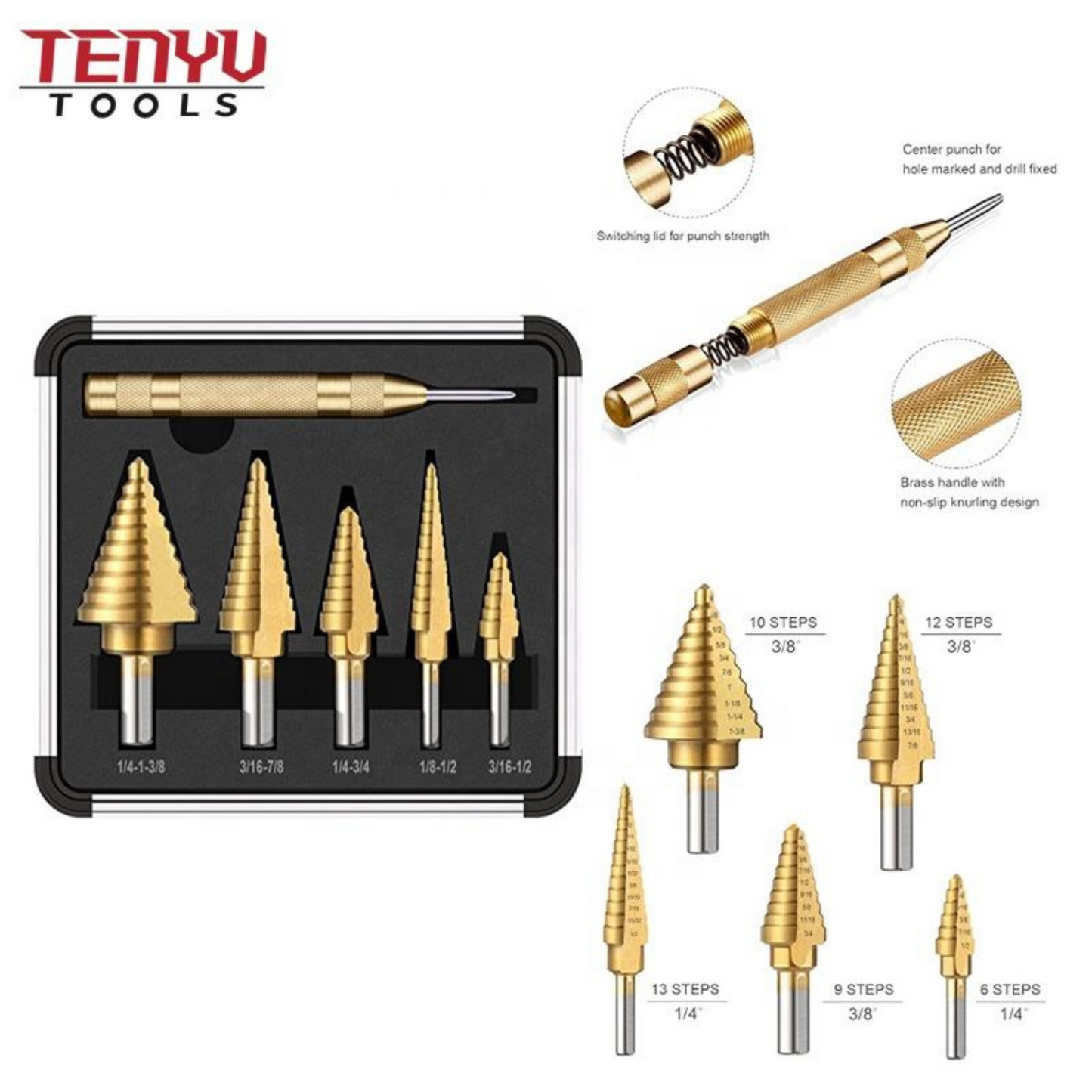 Coated Spiral Inch Stepped Drill Bit Set