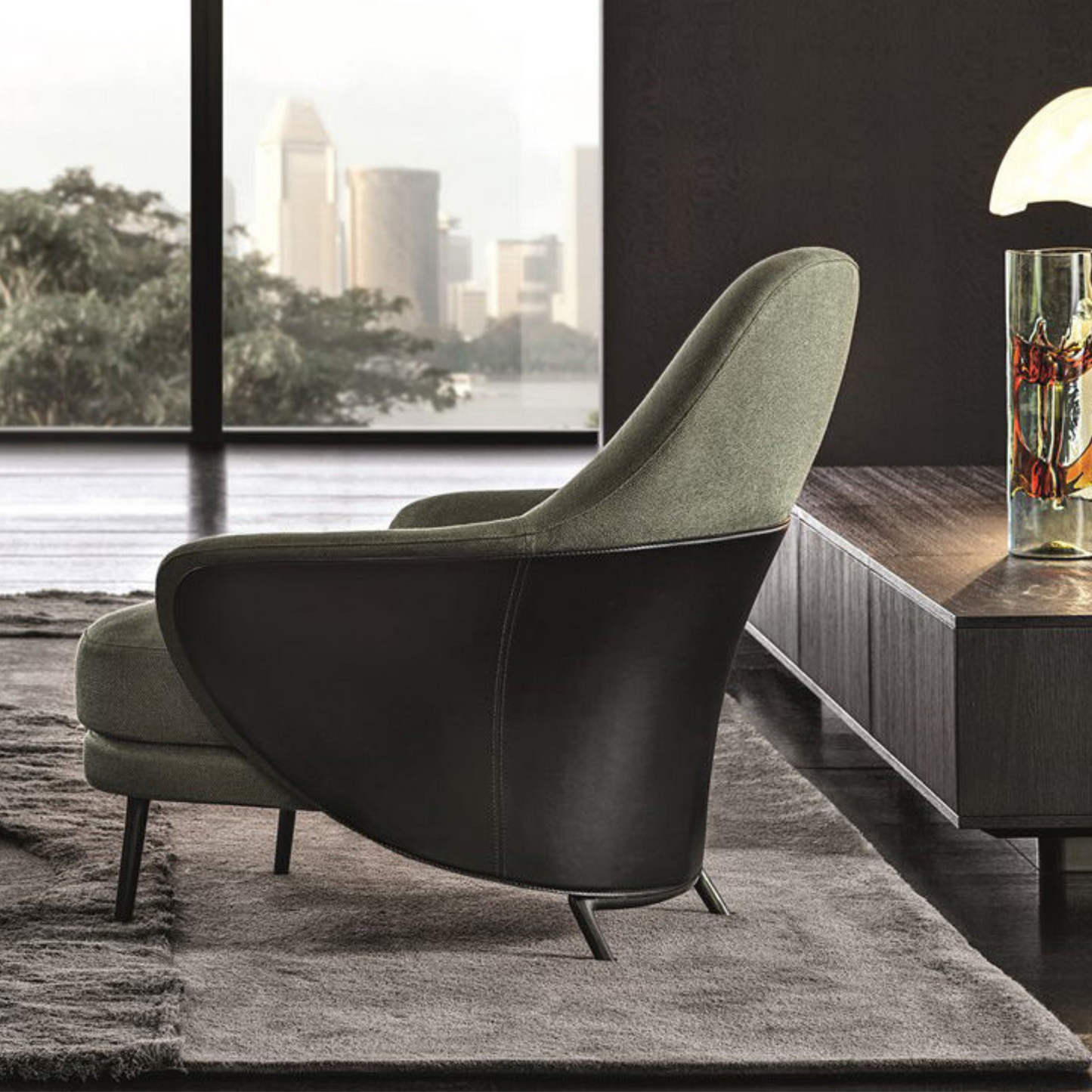 Ottoman Fabric and Leather Armchair