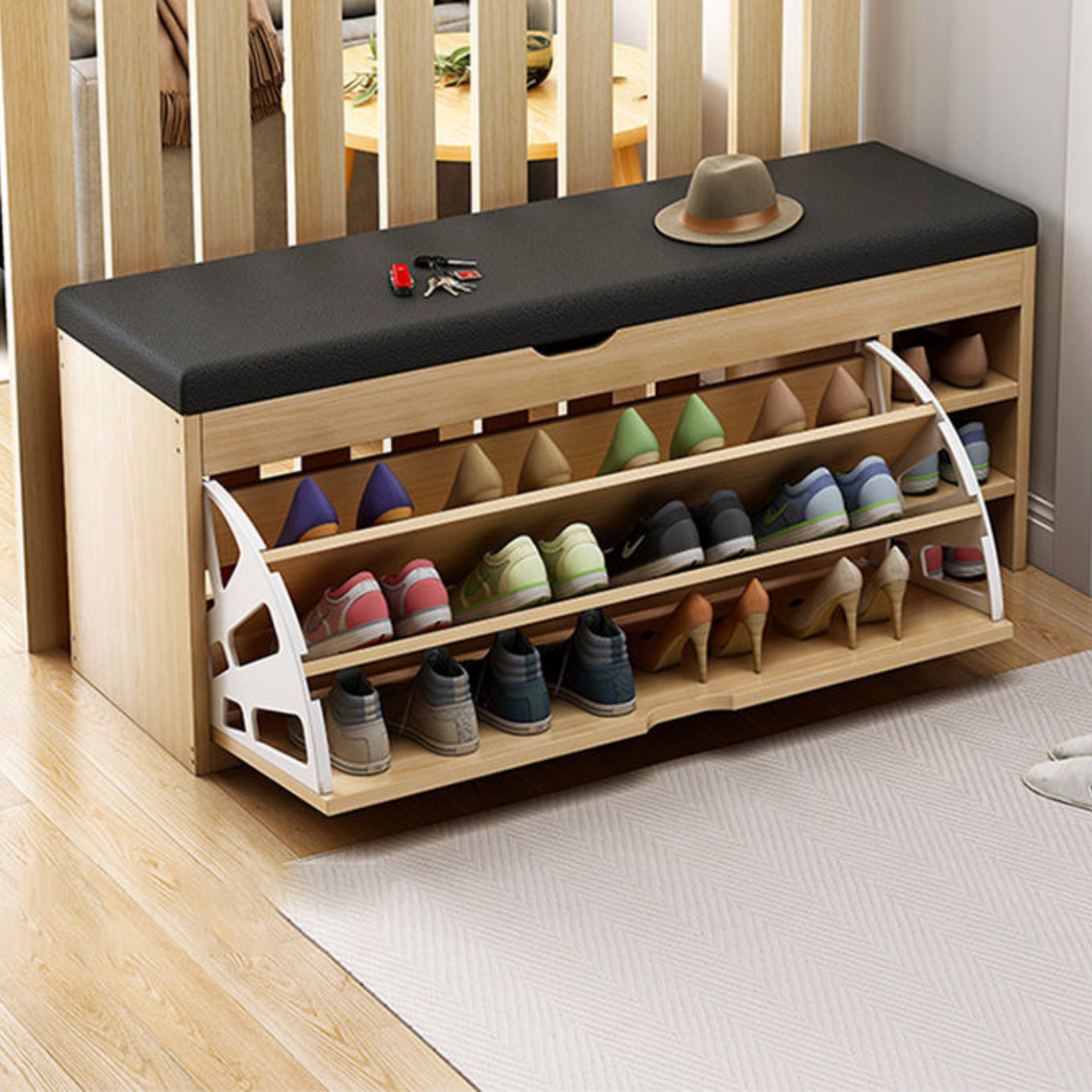 Wooden Rack Shoe Cabinet with Seat