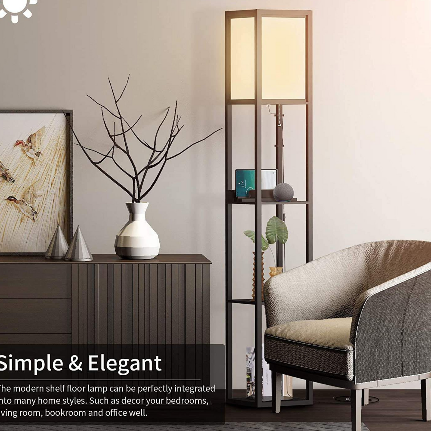 Bedside Wood Floor Lamp with Shelves