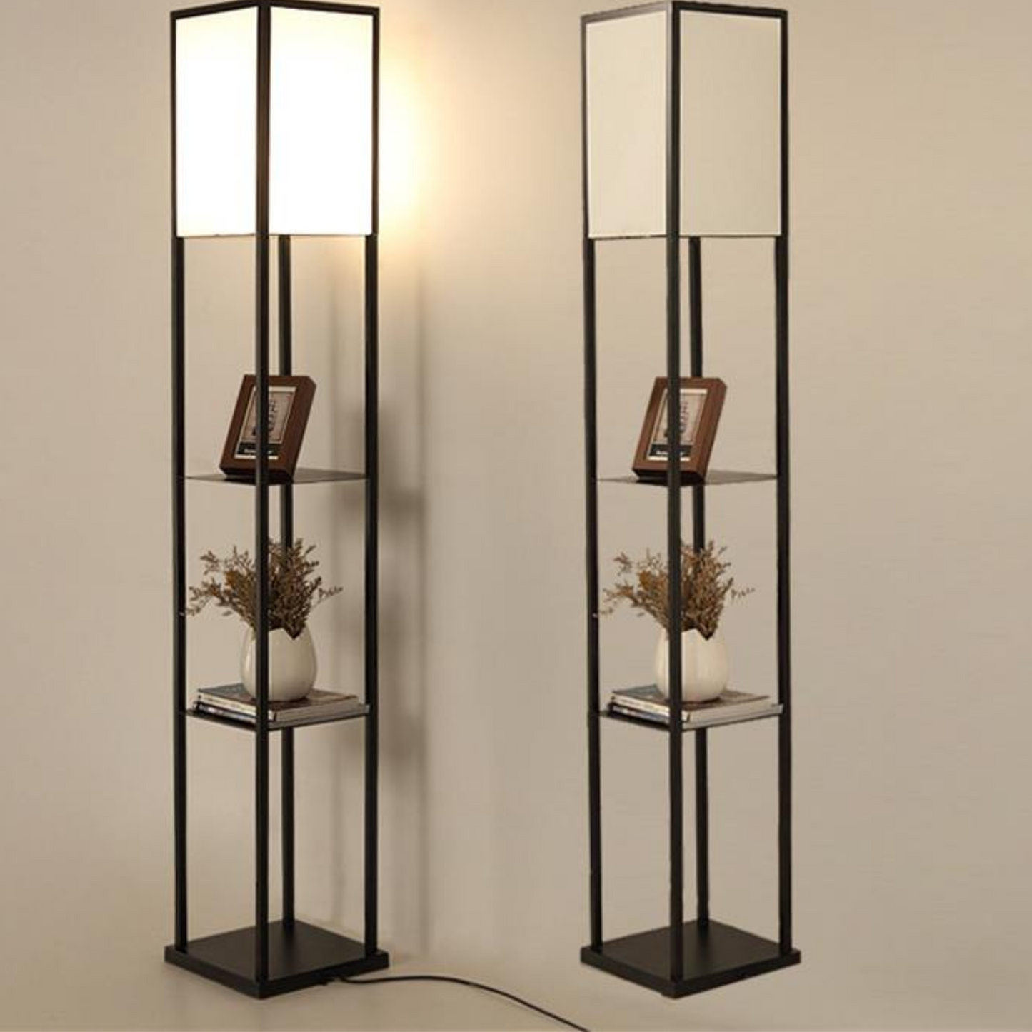 Bedside Wood Floor Lamp with Shelves