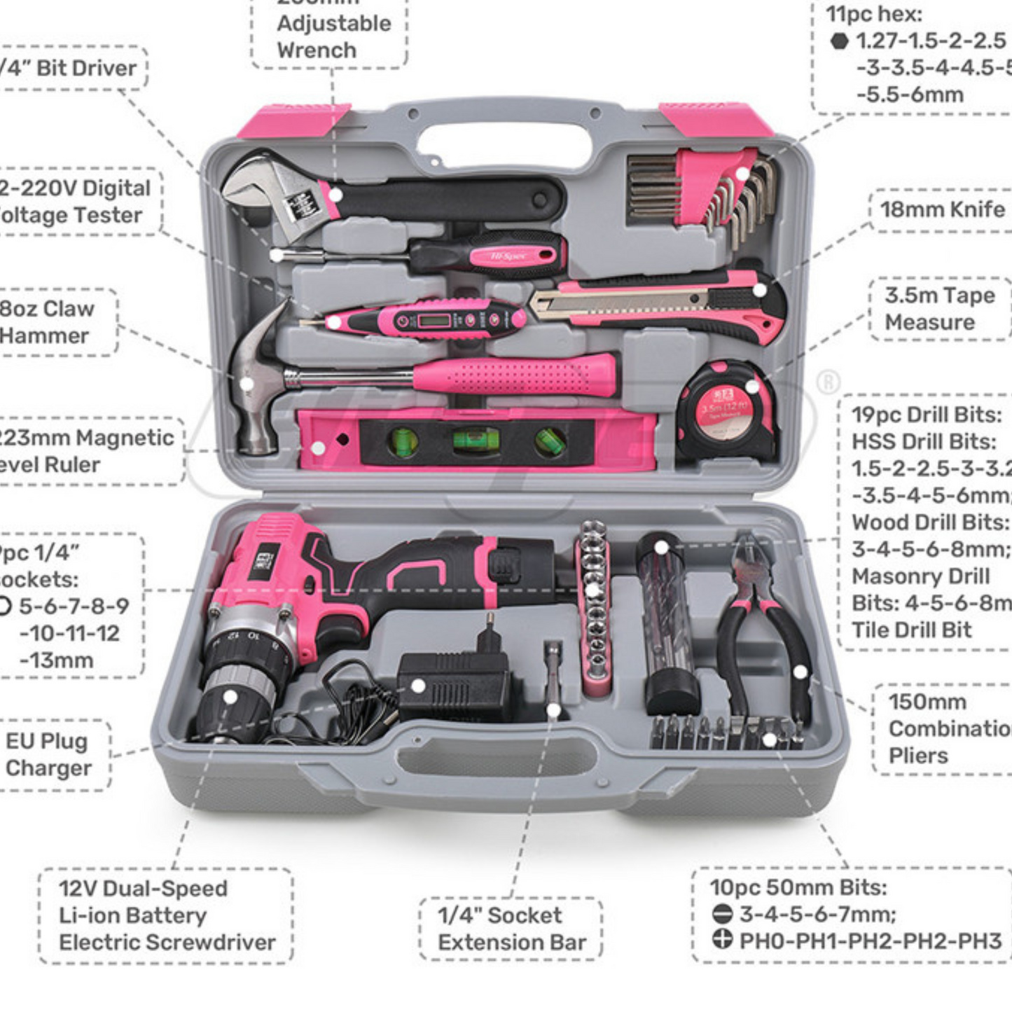 Hispec 60pc Women's Pink Power Tool Kit